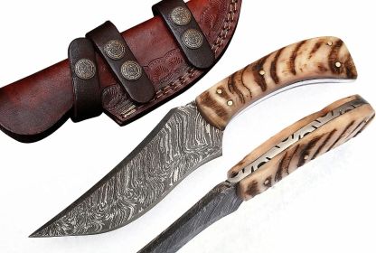 Damascus Steel Bowie Hunting Knife, Handmade Knife with Leather Sheath and Goat Horn Handle, 9-Inch Knife