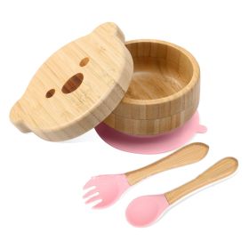 Baby Bamboo Wood Complementary Food Bowl Bear Bowl Baby Training Eating Sucker Bowl (Option: Peach)